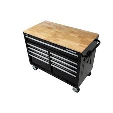 Husky 46 In W 9 Drawer Deep Tool Chest Mobile Workbench In Gloss Black With Hardwood Top H46mwc9xd Tl The Home Depot In 2020 Mobile Workbench Tool Chest Workbench