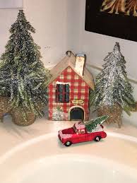 Little Plaid Metal House And Mini Trees Make Cute Decoration For Small Space Metal Homes Decor Christmas Holidays