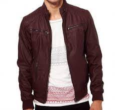 Men Maroon Color Ban Collar Bomber Biker Leather Leather Jacket Style Biker Leather Leather Jacket Men