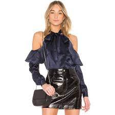 L Academie The Tie Neck Off The Shoulder Top 525 Brl Liked On Polyvore Featuring Tops Blouses Ruffle Sleeve Blouse Neck Ties Tie Neck Blou Jaqueta Bowie
