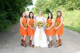 Orange Bridesmaids Dresses Lace Wedding Dress Boots Sunflower Bouquets Dirt Road Cou Orange Bridesmaid Dresses Orange Bridesmaid Summer Bridesmaid Dresses