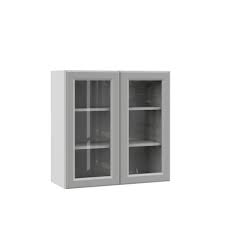 Hampton Bay Designer Series Elgin Assembled 30x30x12 In Wall Kitchen Cabinet With Glass Doors In Heron Gray Wgd3030 Elgr The Home Depot