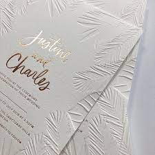 Rose Gold Foil The Most Tactile Blind Impression Leaves And Beautiful Calligraphy Embossed Wedding Invitations Foil Wedding Invitations Wedding Invitations