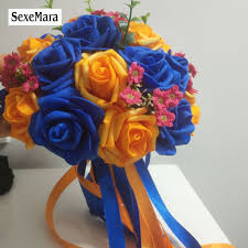 Blue and orange flowers images. Royal Blue Stained Orange Pe Rose Bridesmaid Wedding Foam Flowers Rose Bridal Bouquet Ribbon Wedding Bouquet De Noiva Wedding Bouquets Aliexpress