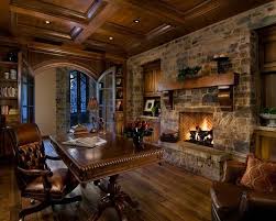 Traditional Home Office With Fireplace Coffered Ceilings Brick Wall Accent With Built Ins And Hard Rustic Home Offices Traditional Home Offices Rustic House