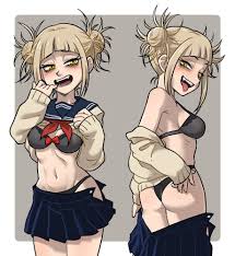 questionable, artist:centinel303, my hero academia, 1girl, ass, blonde  hair, blush, bra, cleavage, fangs, female, female only, finger to mouth,  hair buns, himiko toga, looking back, navel, off shoulder, open mouth,  panties, partially