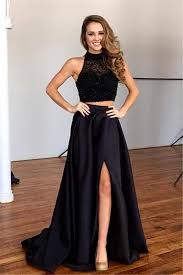 Two Pieces Evening Dresses Wear 2016 High Neck Crystal Beads Black Satin Split Long Formal Plus Vestidos Dos Piezas Vestidos Dos Piezas Largos Vestidos Largos