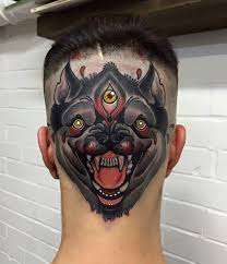 My sister was adamant falls back hits her head on a giant painting hanging on the wall (an ed hardy original) the painting falls, glass breaks. Black And Grey Three Eyes Bat Head Tattoo On Back Head By Best Uk Tattoo Artist