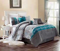 Teal and gray comforter set. Luxury 7 Piece Bedding Sammy Pin Tuck Comforter Set In Grey Dark Grey Teal Blue And Yellow Queen Size Set With Accent Pillows Buy Online In Brunei At Brunei Desertcart Com Productid 47517965