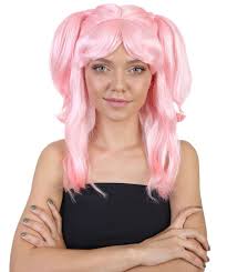 A stunning pastel pink short length wig cut into a flattering double pigtail inspired by ma hairstyle that is very kawaii and girly. Dolly Pigtail Wigs Collection Party Cosplay Halloween Wig