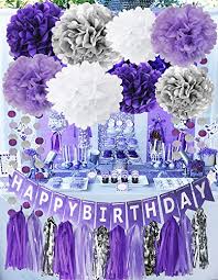 Purple Silver Party Decorations Tissue Pom Pom Happy Birthday Banner Purple Silver Circle Paper Garland For Birthday Party Decorations Purple Silver First Birthday Party Supplies Sweet 16 Party Buy Online In India At Desertcart In