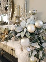 White Silver And Gold Christmas Mantle With A Touch Of Blue Christmas Centerpieces Christmas Mantle Christmas Mantle Decor