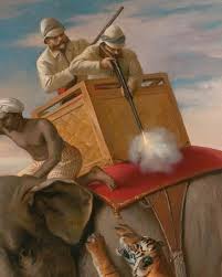 one clawing at its trunk, teeth bared ...