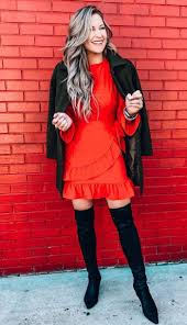 Beautiful Outfit With A Red Dress Black Coat And Over Knee Boots Fashion