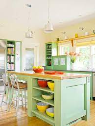 Blue backsplash tiles add a nice accent to the yellow cabinetry and white appliances in this kitchen with open shelving and natural hardwood flooring. 50 Bright Green And Yellow Kitchen Designs Digsdigs