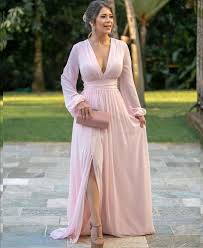 These wedding guest dresses will give you the flattering look you love with the elegance you desire. Elegant A Line V Neck Long Sleeves Pink Evening Dresses With Split Wedding Guest Dresses Dressmeet Online Store Powered By Storenvy