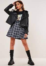 Navy Plaid Button Skater Skirt Skater Skirt Celebrity Fashion Looks Cute Leather Jackets