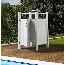 Liquid Sunshine 3 5 Ft W X 5 Ft H White Vinyl Outdoor Shower Stall Gate Kit Unassembled 73025338 The Home Depot Outdoor Shower Kits Outdoor Shower Outdoor Shower Enclosure
