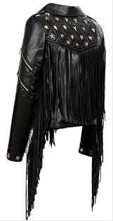 Black Star Studded Fringed Vegan Leather Jacket Size 12 L Fringe Leather Jacket Womens Long Leather Jacket Vegan Leather Jacket