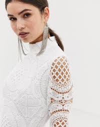 Forever Unique High Neck Long Sleeve Lace Mini Dress in White