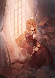 1girl Bangs Blonde Hair Book Cravat Curly Hair Curtains Frills Hands On Lap Highres Indoors Koruse Long Hair Long Skirt Long Anime Love Anime Anime Characters