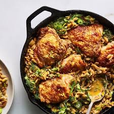 One Skillet Chicken With Buttery Orzo One Dish Dinners Recipes Chicken Thigh Recipes