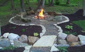 Backyard Fire Pit With Landscaping Rock Path And Boulders As Seats Backyard Fire Fire Pit Backyard Fire Pit Landscaping