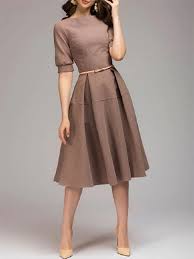 Kaffee Plissee Rundhals Ellenbogen Armel Elegante Midi Kleider In 2020 Sommerkleider Vintage Modestil Kleidung