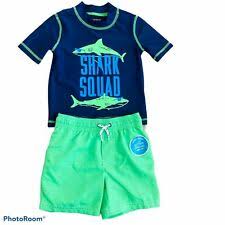 Baby toddler boys girls 3 piece swimwear sunsuits with sun hat or swimming hat / cap sun kids infant beach swimsuit cute dinosaur / shark cartoon printed short sleeves top and shorts beachwear swimming set sun protection rash guards bathing suit. Baby Shark Size 2t Toddler Boy Rashguard Swim Trunks 2pc Set For Sale Online Ebay