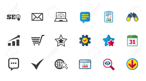 Internet Seo Icons Tick Online Shopping And Chart Signs Bandwidth