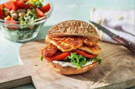 Halloumi Burger With Roasted Green Pepper And Sweet Chilli Sauce Recipe Hellofresh Recipe Sweet Chilli Stuffed Peppers Sweet Chilli Sauce Recipe