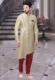 Buy Online Plain Art Silk Asymmetric Sherwani In Beige Now Item Code Mhg732 Color Beige Occasion Wedding Fabr Mens Party Wear Sherwani Indian Groom Wear