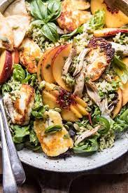 Peachy Chipotle Chicken Tortilla And Avocado Rice Salad With Fried Halloumi Half Baked Harvest Recipe Chipotle Chicken Fried Halloumi Rice Salad