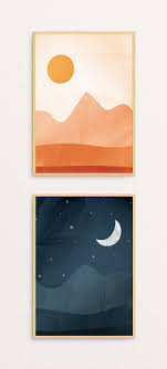 Set Of 2 Prints Printable Day And Night Mountain Set Sun And Moon Housewarming Gift Nursery Wall Decor Starry Night Sky Printable Art Printable Art Art Night Sky Painting