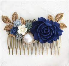 Dark Blue Flower Navy Blue Wedding Comb Gray Romantic Bridal Hair Slide Elegant Wedding Hair Adornment Floral Hair Pins Bride Hair Jewelry Romantic Bridal Hair