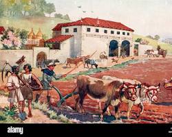 Image of Roman peasant plowing field ancient Italy