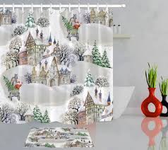 Fabric winter curtains with hooks blue forest winter shower curtain evening landscape with falling snow christmas scene tree. Winter Snow Forest Castle Christmas Watercolor Shower Curtain Bathroom Home Decor Pattern Waterproof Fabric With 12 Hooks Shower Curtains Aliexpress