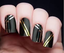Black Nails With Gold Striping Tape Nail Art Design Idea Tape Nail Art Tape Nail Designs Nail Art Stripes