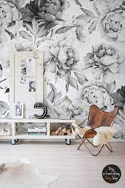 White Peony Removable Wallpaper Peonies Wall Mural Black And Etsy Peony Wallpaper Temporary Wallpaper Wall Murals