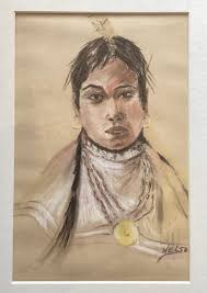 Pastel sur papier original vintage représentant une amérindienne, signé  Nelson