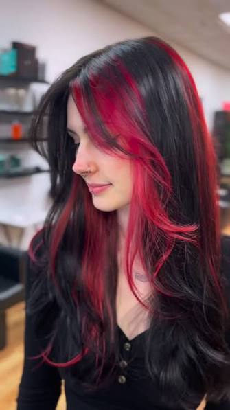 Vampire hair 😍🧛🏻‍♀️🥀, @rockandpullwaxstudio ✨🖤, Red & black will NEVER get boring! , Color used @dangerjonesbold , #althair #alternativehair #michiganhairstylist #colorblock #gothhair