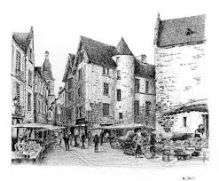 Etching Village Sarlat French Wall Art Prints By Nicolasjolly 7 00 Landscape Illustration Canvas Painting Landscape Fantasy Landscape