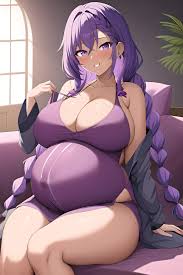 Anime Pregnant Huge Boobs 30s Age Happy Face Purple Hair Braided Hair Style  Dark Skin Charcoal Couch Front View Gaming Bathrobe - AI Hentai