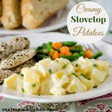 Creamy Stovetop Potatoes Real Mom Kitchen Potatoes Recipe Potato Side Dishes Stove Top Potatoes Veggie Side Dishes