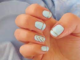 Pale Pastel Blue Creme And Thin Gold Stripes With Simple Gold Chevron Accents Nails Mani By Chelsea Ling At Papercakes Pretty Gold Nails Nails Gold Chevron