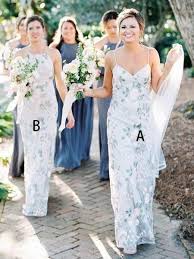 Sheath Mismatched Sleeveless Halter Spaghetti Straps Long Bridesmaid Dresses Floral Bridesmaid Dresses Printed Bridesmaid Dresses Light Blue Bridesmaid Dresses