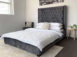 Queen · double · bunk bed. Aspen Queen Bed Frame Studded Fabric Grey Plush Velvet Upholstered Tall Headboard Tufts