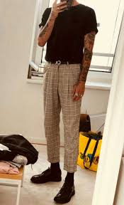Black And Yellow Plaid Pants Mens Tan Plaid Trousers Tucked Black Tee Black Dress Shoes Black Dress Plaid Shoes Tan Tee Trousers Mens Outfits Streetwear Fashion Mens Street Style