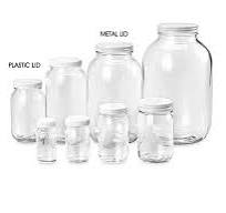 WIDE-MOUTH GLASS JARS with Plastic White Lids - Crystal-clear storage for  dry or liquid food products.