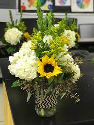 Mason Jar Centerpieces I Made Featuring Sunflowers White Hydrangeas White Roses Succulent Wedding Centerpieces Sunflower Centerpieces Succulent Centerpieces